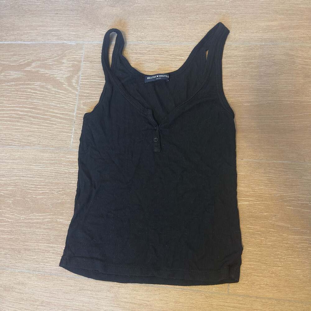 Brandy Melville Black Button Ribbed Henley Tank One Size